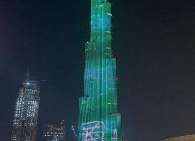Burj Khalifa turns green to pay tribute to Saudi Arabia on the national day.